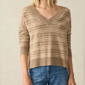 Faherty Highland Fair Isle V-Neck Sweater Sugar Cookie Tan Merino Wool Small